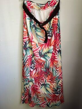 NY Collection Midi Maxi Tropical Skirt Vibrant Pullon Pink Floucy Lined Sz XL